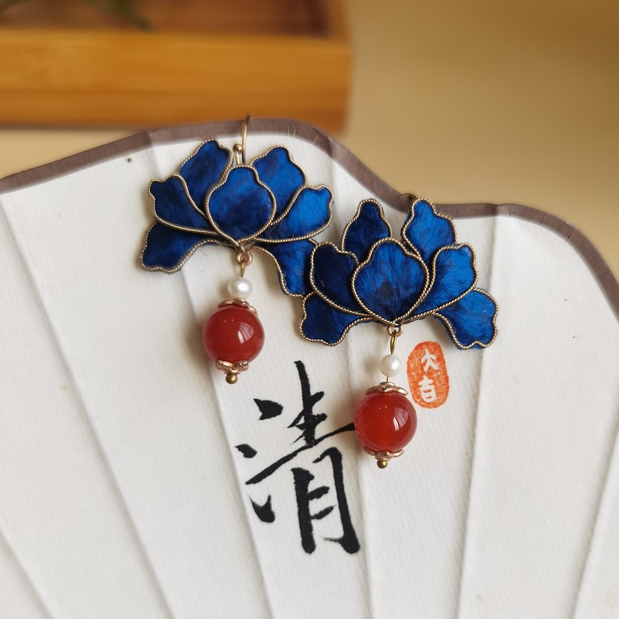 original handmade non-heritage filigree velvet flower silk imitation tian-tsui earrings retro style texture chinese classical style ear rings