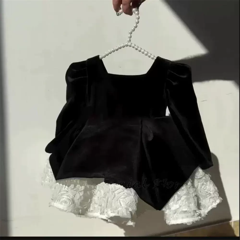 儿童礼服黑色丝绒花童连衣裙方领长袖公主裙小女孩生日派对速卖通