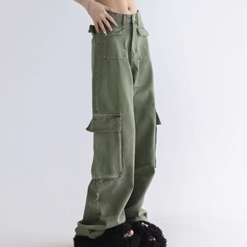 High Waist Jeans Women's Spring and Autumn 2023 New Loose Straight Tooling Dipping Green Wide Leg Pants for Women