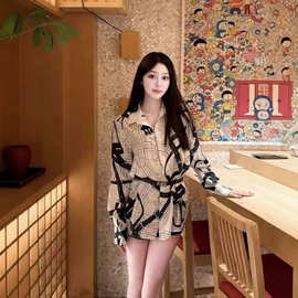 2026链条印花宽松显瘦百搭斜纹长袖衬衫女图片色露肩高弹天丝染