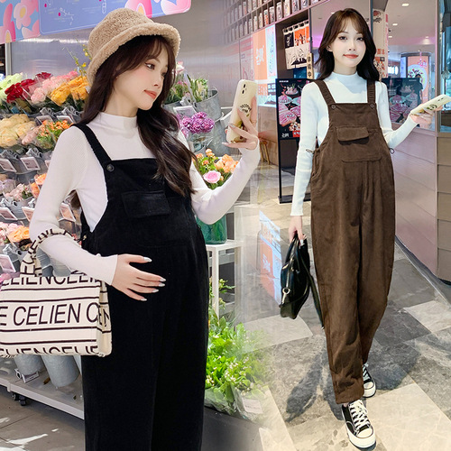 Pregnant women's adjustable belt pants spring and autumn petite corduroy adjustable belt pants with added thickness autumn and winter two-piece set stylish pregnant women's pants