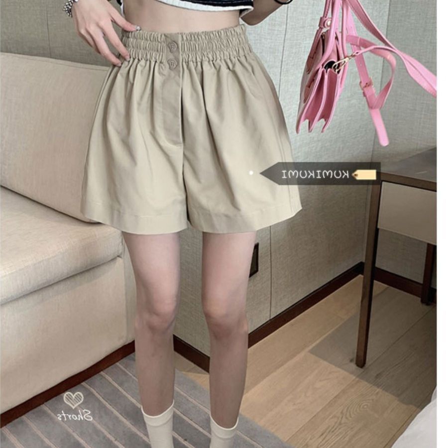 黑色休闲裤松紧腰短裤女高腰装夏季宽松显瘦阔腿裤裤子小众设计感