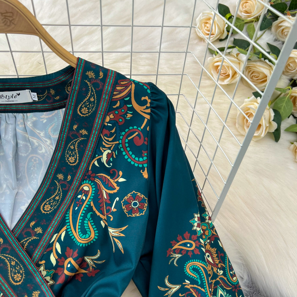 Retro Court Style Lantern Dress Long Sleeved V Neck Belted a Line Printed Elegant Full Skirt for Women_ecoleips.com
