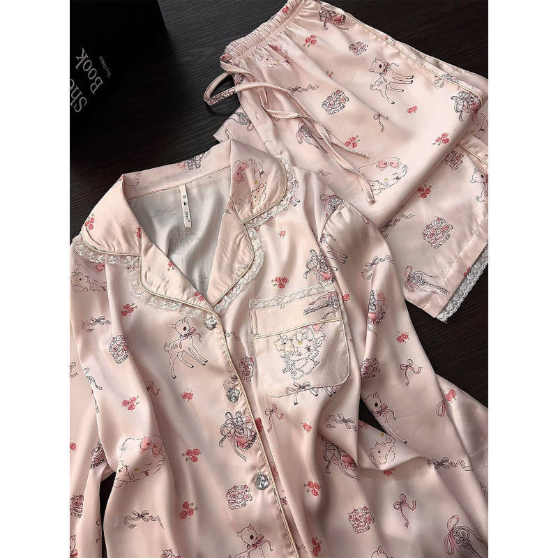 粉色少女可爱卡通印花睡衣女夏季新款大码冰丝长袖长裤家居服套装|undefined