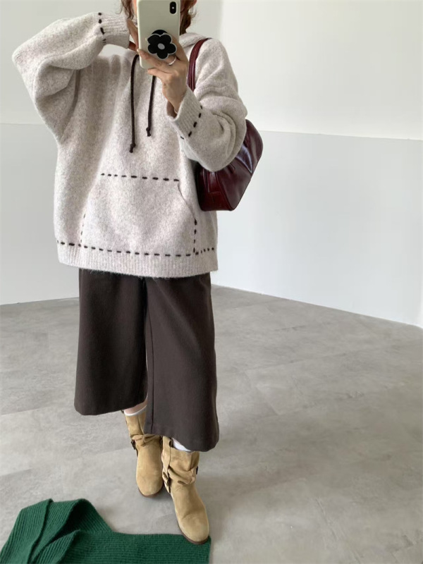 秋冬新款连帽毛衣女2025韩系宽松手工明线口袋小众慵懒风针织上衣|undefined
