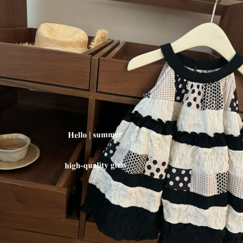 Falda de tirantes para niñas 2025 verano para niñas de moda con lunares a juego de colores, falda de chaleco con cuello halter, vestido de niños de estilo occidental