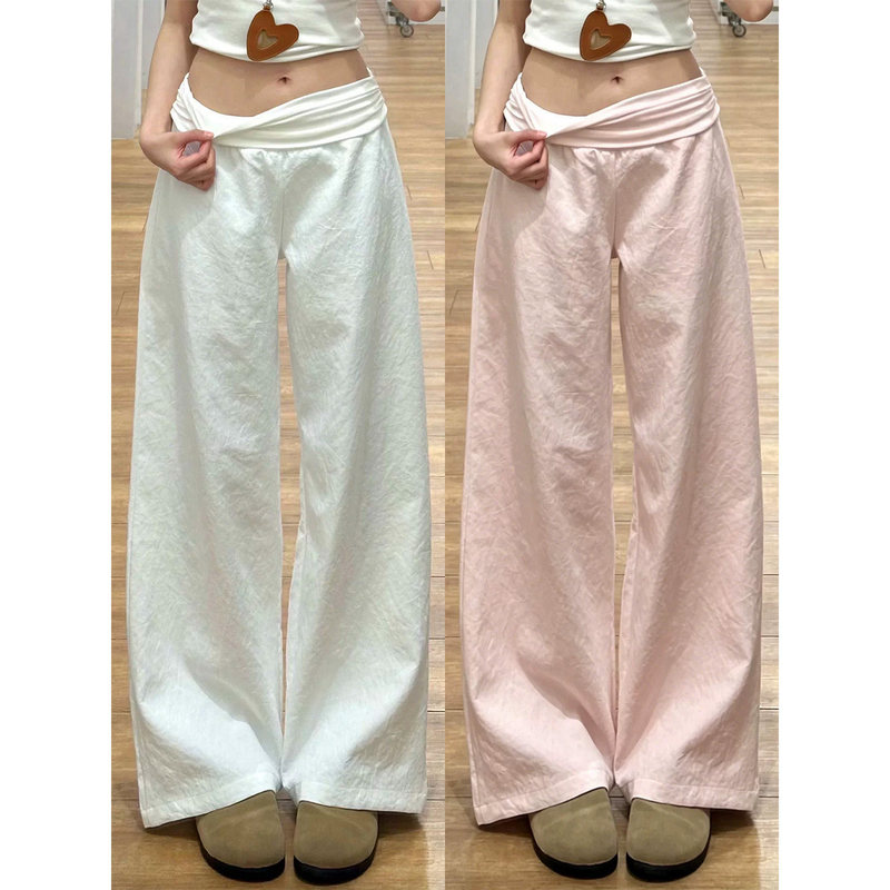 Flip-Waist Yamamoto-Style Pants for Women, Summer Thin Loose-Fitting Sports Casual Petite Straight White Ice Silk Wide-Leg Pants Flip-Waist Yamamoto-Style Pants for Women, Summer Thin Loose-Fitting Sports Casual Petite Straight White Ice Silk Wide-Leg Pants