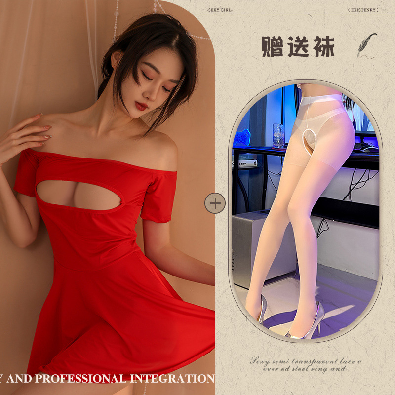 레드 화이트 오픈 가랑이 양말