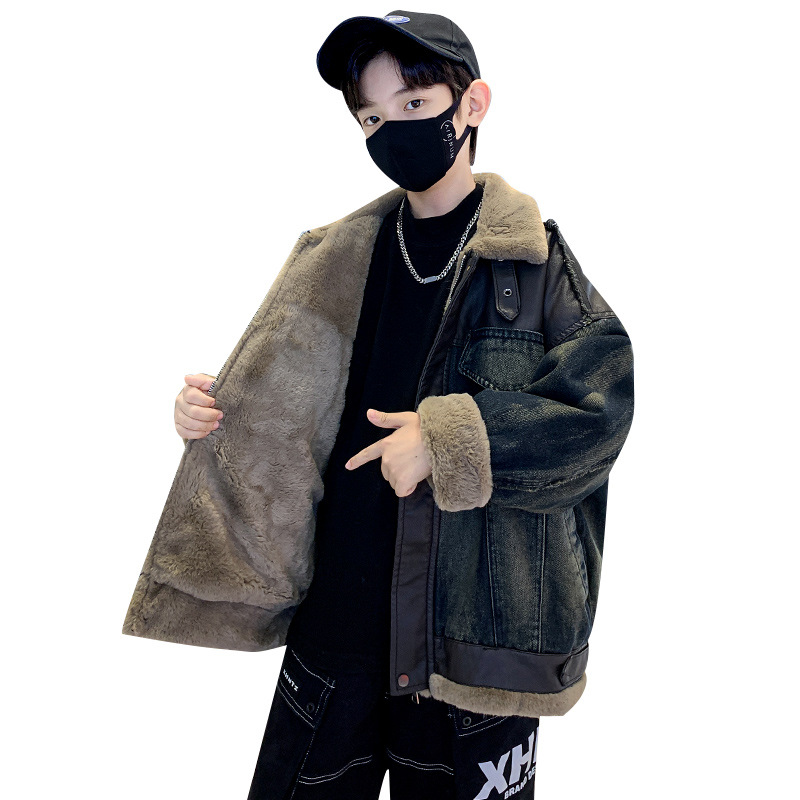 남학생 기모 데님 코트 2024 새로운 겨울 중 큰 어린이 가죽 재킷 최고 잘 생긴 겨울복