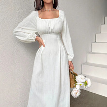 亚马逊欧美女装新款方领收腰显瘦A字裙气质长袖连衣裙