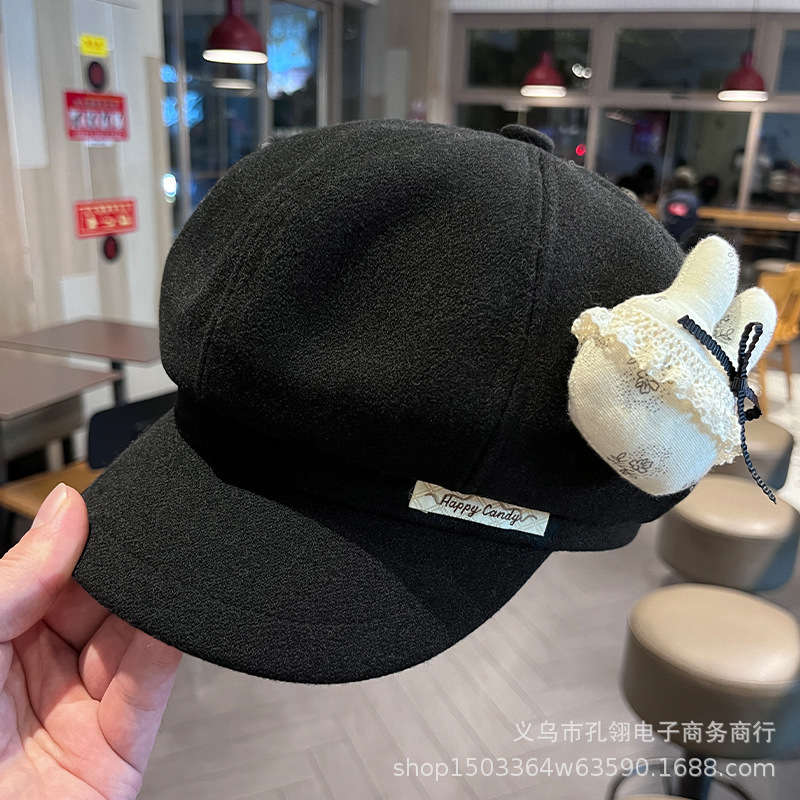 可爱卡通蕾丝兔子八角帽子女秋冬时尚保暖毛呢报童帽显脸小鸭舌帽|undefined