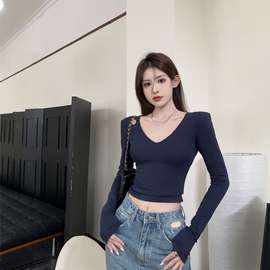秋季辣妹修身百搭显瘦V领长袖T恤短款性感纯欲风小众露脐上衣ins