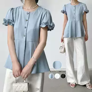 实拍乐天新款 2026夏季女装 修身显瘦荷叶短袖简约纯色雪纺上衣