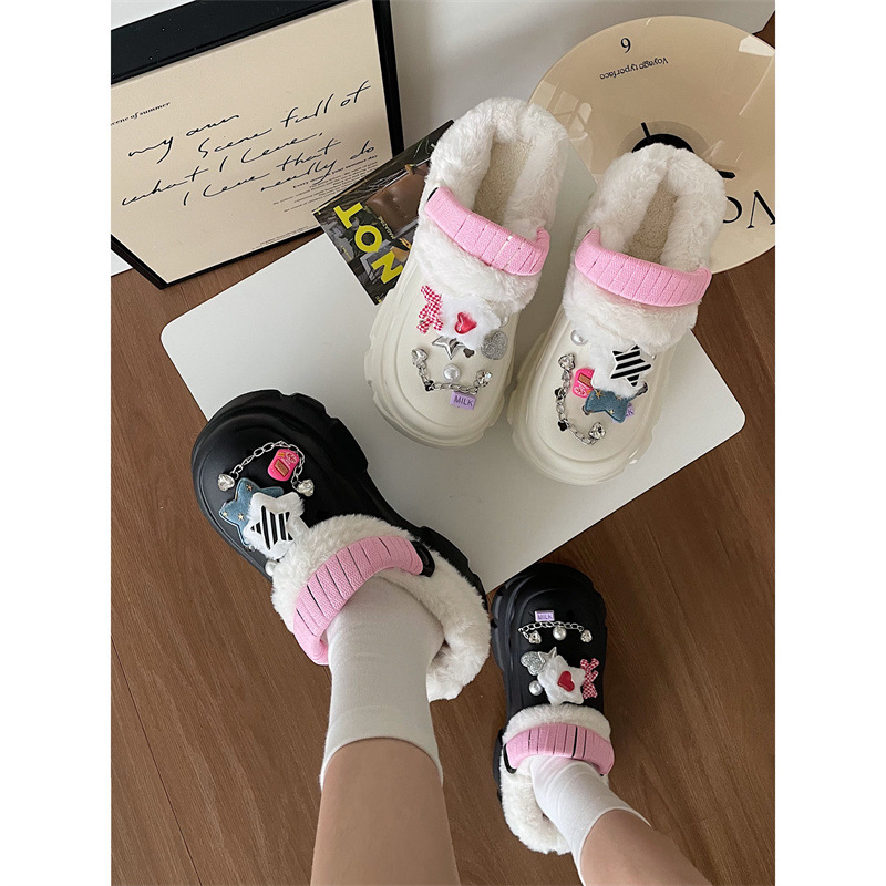 Thick-soled Height-enhancing Cute Cartoon Plus Velvet Hole Shoes For Women Autumn And Winter All-match Shit-stepping Feeling Two-wear Closed-toe Slippers