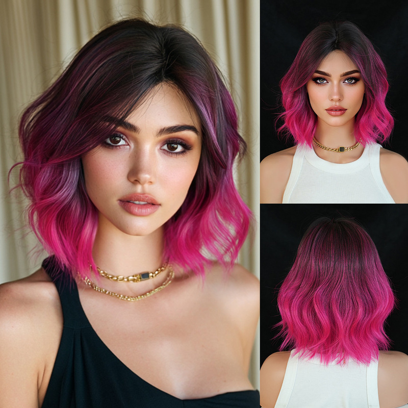 High-Quality 12-Inch Wig, Cross-Border European and American Style, Gradient Rose Red Short Curly Hair, Middle-Parted Bob, Machine-Made Rose Net Wig High-Quality 12-Inch Wig, Cross-Border European and American Style, Gradient Rose Red Short Curly Hair, Middle-Parted Bob, Machine-Made Rose Net Wig