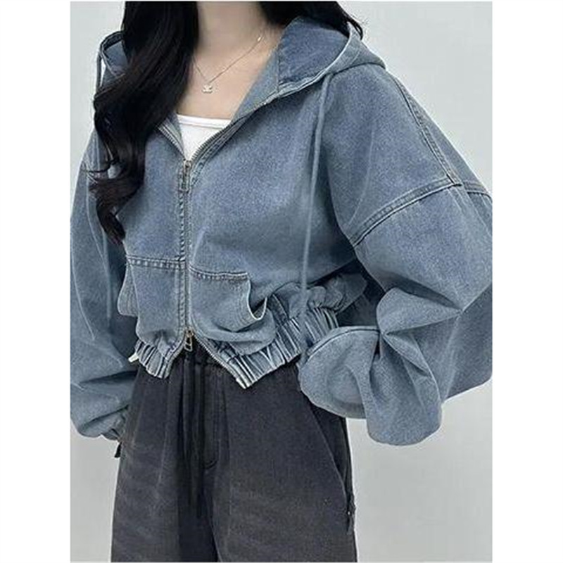 South Korea Chic Autumn Hong Kong Style Elegant Double Zipper Loose Casual All-match Short Long-sleeved Hooded Denim Jacket for Women