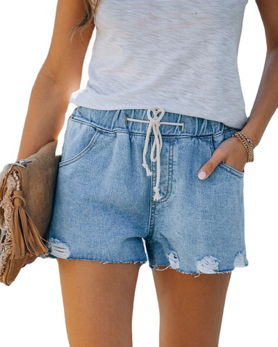 Cross-border European and American Style Elastic Waist Elegant Casual Regular Cotton Mid-Waist Straight Leg Washed Denim Women's Shorts