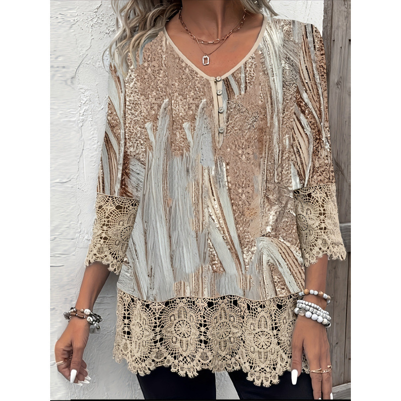 2026 New Cross-Border Dropshipping Elegant Women's V-Neck Floral Print Lace Trim Shirt