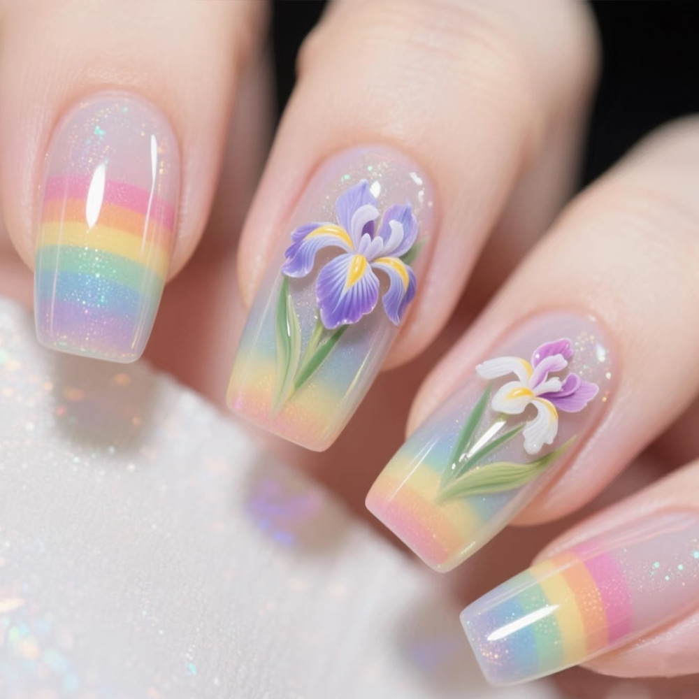 Arte de uñas con diseño de flor de iris en degradado de arcoíris, puntas de uñas de estilo dulce y de ensueño, juego de 24 pegatinas de uñas postizas.