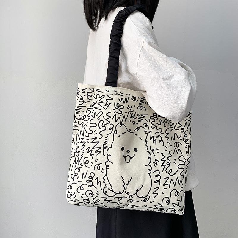 Lindo bolso de lona para perro gato, hombro femenino, arte de verano, dibujos animados frescos, bolso de comercio exterior de gran capacidad para estudiantes