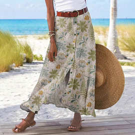 亚马逊独立站跨境春夏季新款休闲宽松女式复古花卉印花开衫半身裙