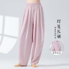 綿と麻の禅ピラティスヨガカフブルマー女性用リボン付きルーズモダンダンスパンツヨガエレガントエクササイズパンツ