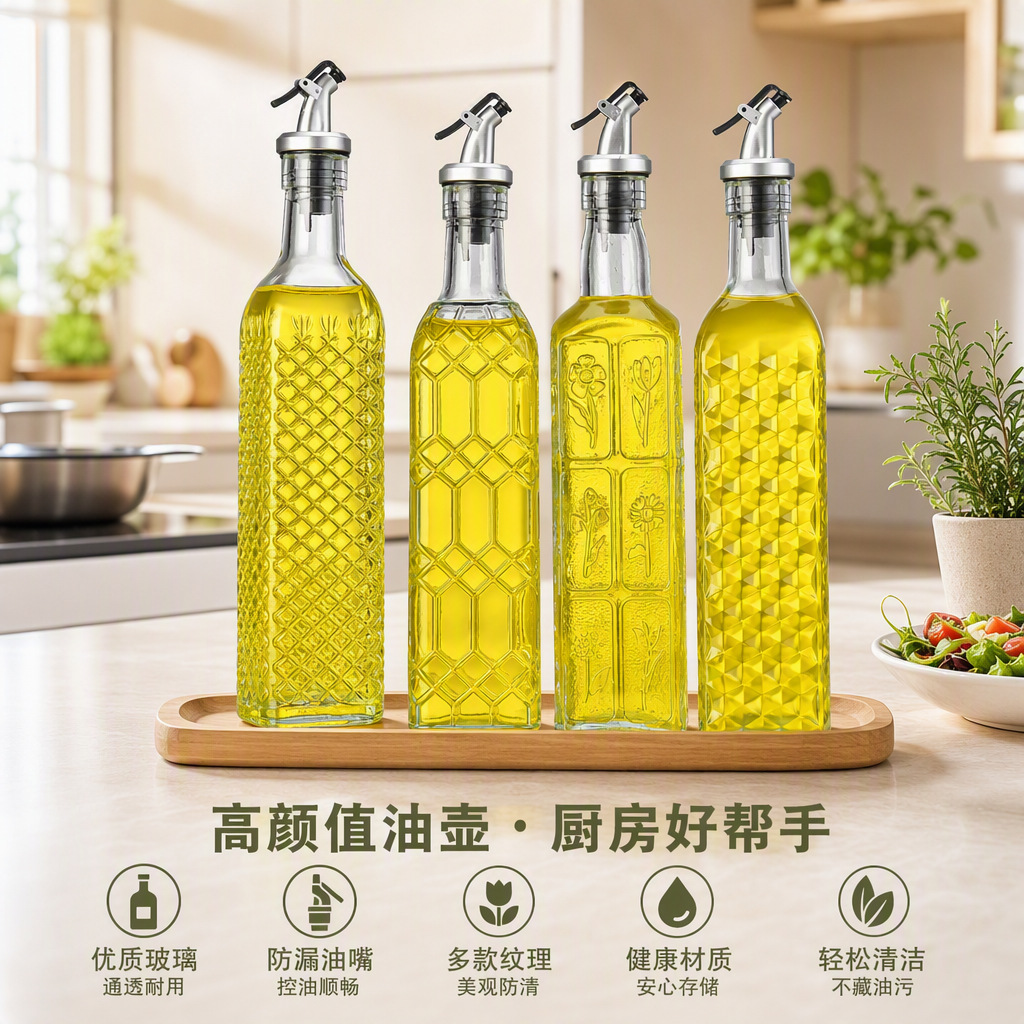 Aceitera Cuadrada de Vidrio en Relieve de 500 ml, Antigoteo para Cocina