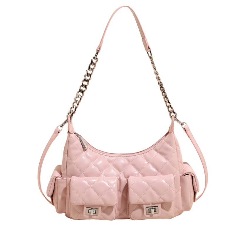 ファッション菱格チェーンシングル肩脇下バッグ女性韓系bagsダブルポケット潮軽豪華ロック|undefined
