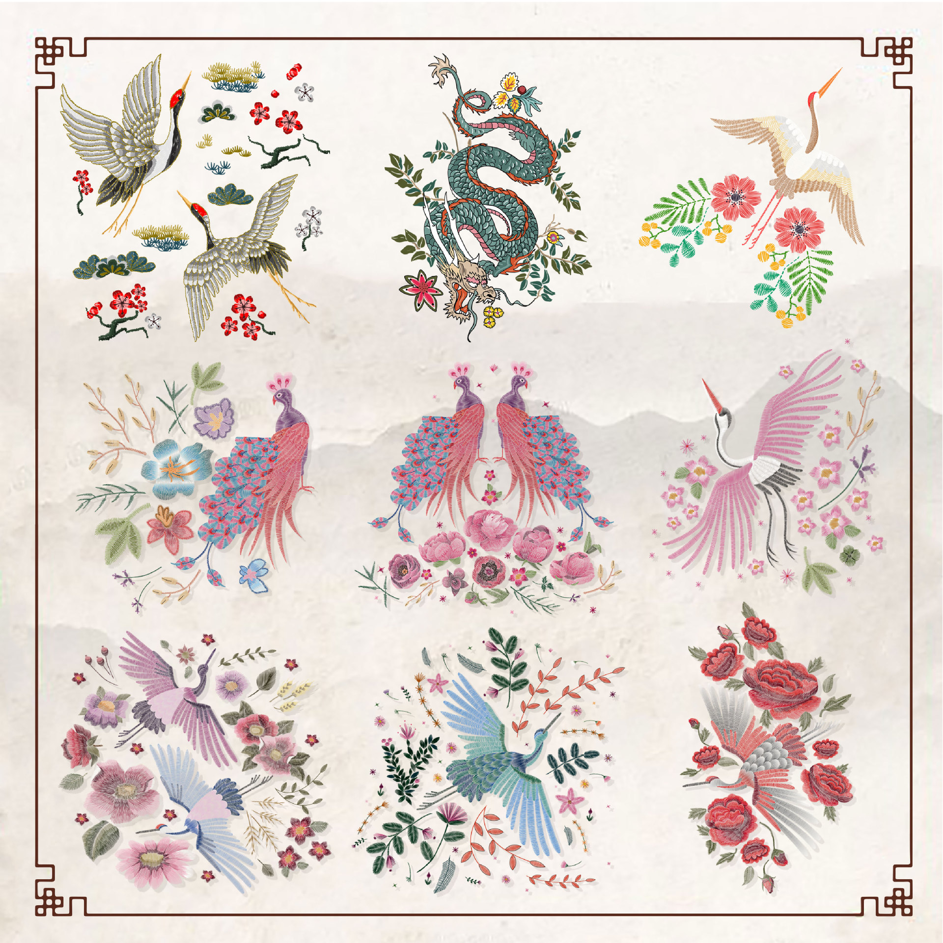 新中式国潮仙鹤热转印烫画贴仿刺绣T恤装饰图案热烫贴服装辅料