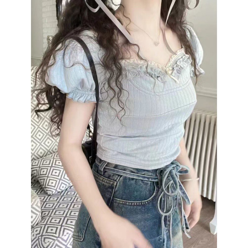 Lace summer Japanese cute short sleeve T-shirt with bow for students