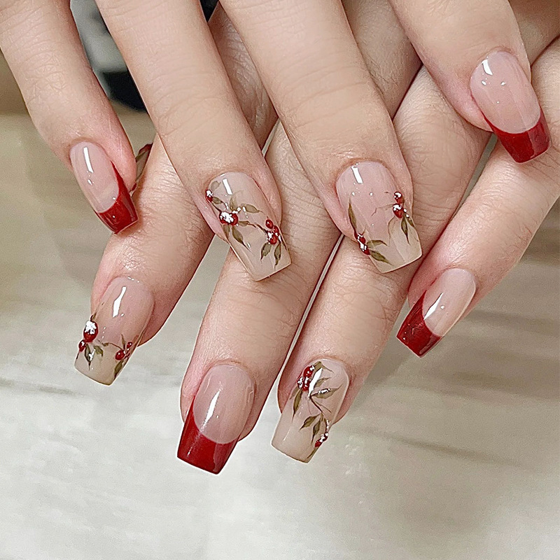 Cross-Border 24-Piece Red Bean Short Press-On Nails, Red French Short Tapered Nail Tips, Removable Fake Nails Cross-Border 24-Piece Red Bean Short Press-On Nails, Red French Short Tapered Nail Tips, Removable Fake Nails