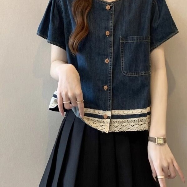 Extra Large Size 150kg Plus-Size Vintage Short-Sleeve Denim Shirt for Women, Summer 2026 French-Style Short Lace-Trimmed Top