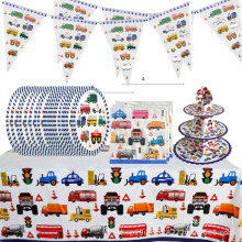 现货工程车主题派对装饰用品挖土机一次性纸杯纸盘儿童生日用品厂