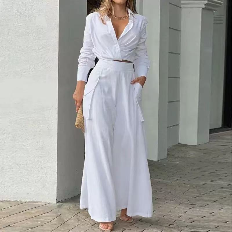 2026 New European and American Style White Shirt and Wide-Leg Pants Set for Women, Fashionable Casual and Elegant Two-Piece Work Outfit