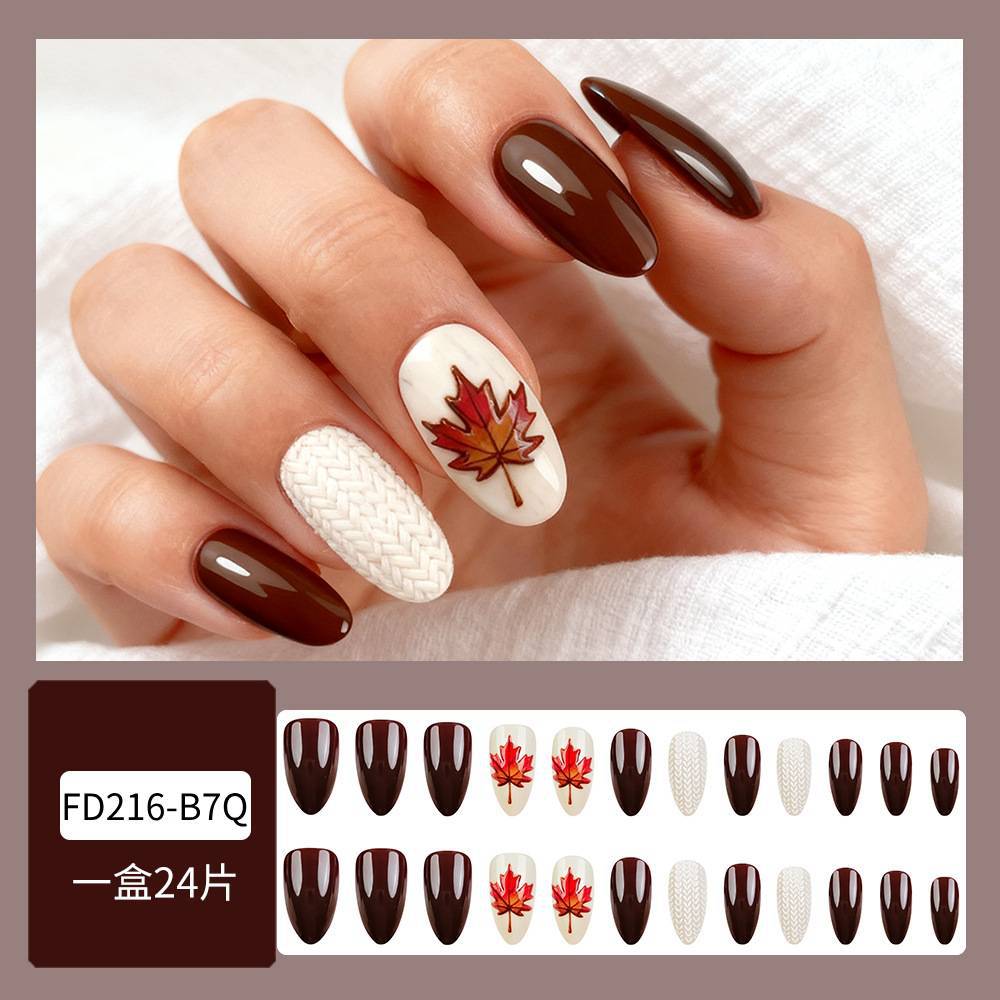 Otoño y invierno marrón oscuro hoja de arce tejido manicure 3D relieve tridimensional desgaste de uñas transfronterizas 24 piezas de parche de uñas image 3