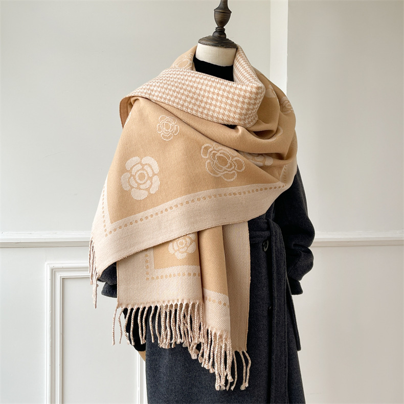 Herbst und Winter neue Tasche Damen Kerngarn Kamelie Tausend Vogelgitter doppelseitig warm Schal vielseitig dekorative Kaschmirschal_voghion.com
