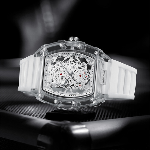 新款金诗顿跨境手表男士透明镂空酒桶形时尚腕表防水石英表批发