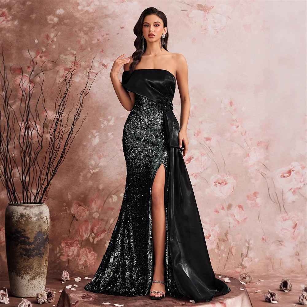 European and American Amazon Elegant Sequin Stitching Fitted Tube Top Off-Shoulder Cocktail Party Dinner Dress Bridesmaid Dress for Women