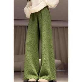 D6C休闲设计感绿色波浪纹加绒长裤女2025冬季慵懒高腰宽松阔腿直