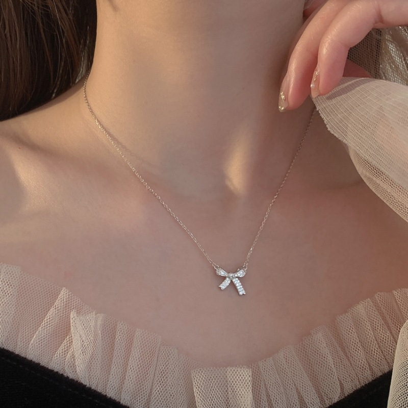 Pendant Necklace Classification 925 sterling silver Chain Material 925 Sterling Silver Cable Chain Plating Bow Knot Pendant Necklace
