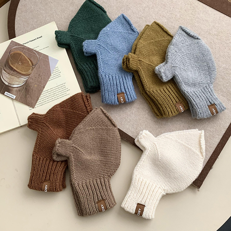 Guantes de medio dedo de invierno lindos etiquetas coreanas para jugar con teléfonos móviles a prueba de frío dedos expuestos pantalla táctil guantes de lana de punto