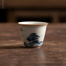 草木灰手绘茶杯复古山水单杯主人杯家用高档功夫茶具陶瓷品茗杯