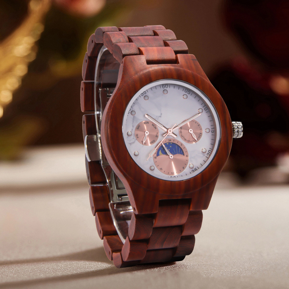 工厂热销时尚搪瓷表盘中性木质表经典复古多功能日月星辰石英手表
