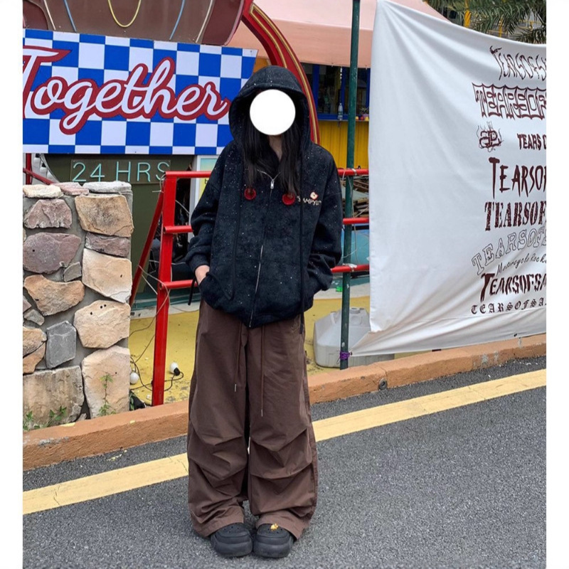 Original American-Style Baby's Breath Apple Flocking Embroidery Hooded Cardigan Sweatshirt Jacket for Female Couples