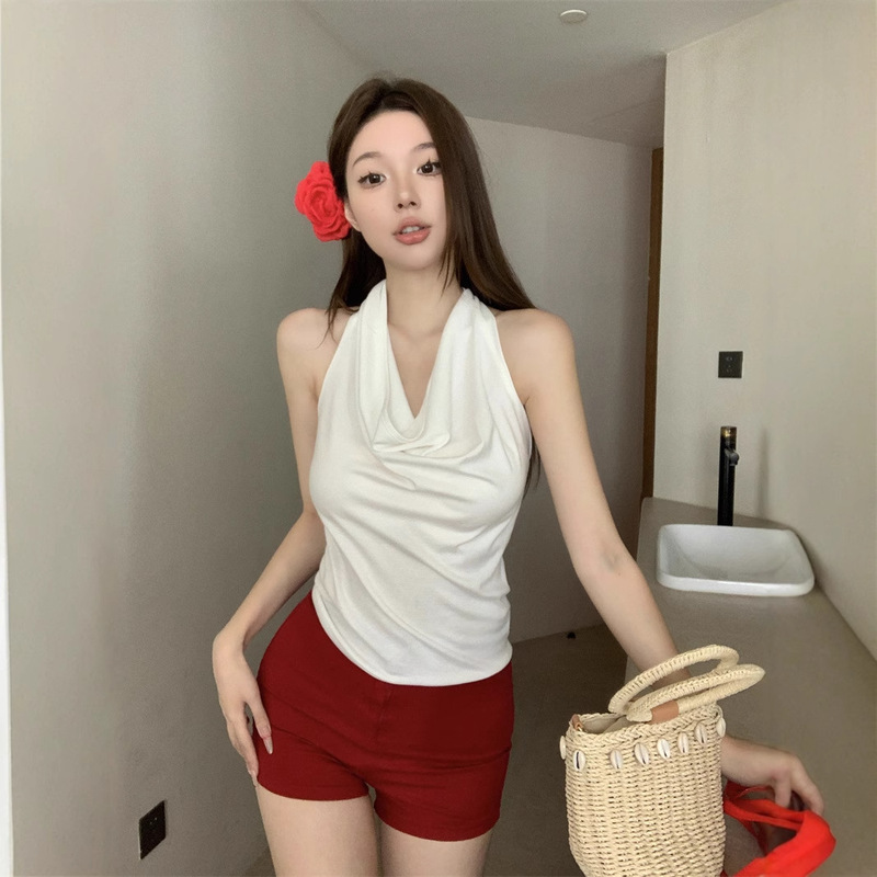 He Chenxi Lightweight Merino Back Hollow Knitted Vest Sexy Women's Pure Desire Slim-fit Short Neck Top