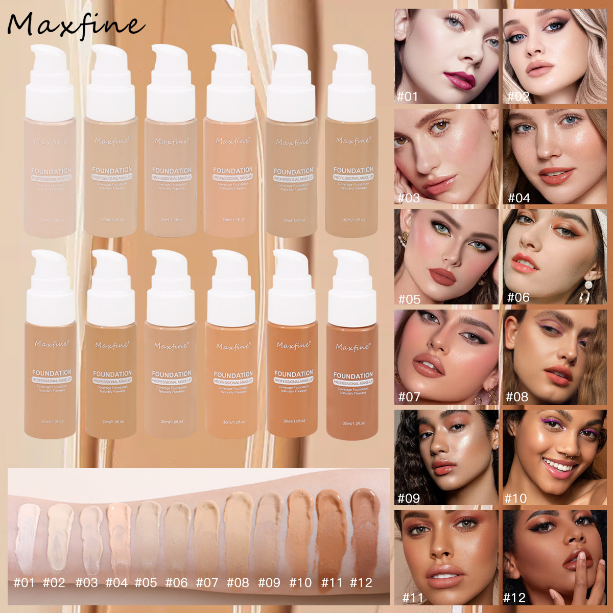 Cross-border cosmetics MAXFINE12-color foundation wholesale without logo water-resistant concealer long-lasting non-transferable for export