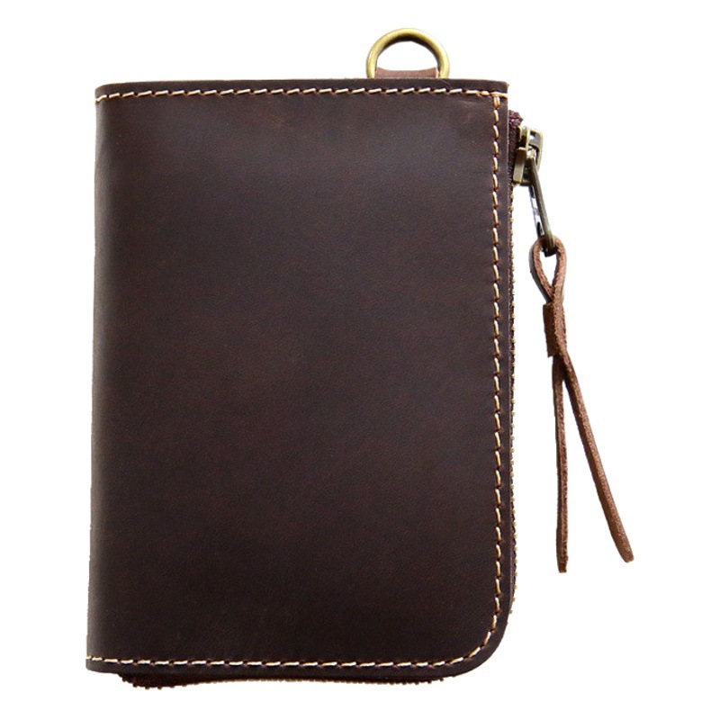 Handmade Vintage First Layer Cowhide Crazy Horse Leather Men's Wallet Genuine Leather Short Zipper Wallet Vertical Driver's License Wallet