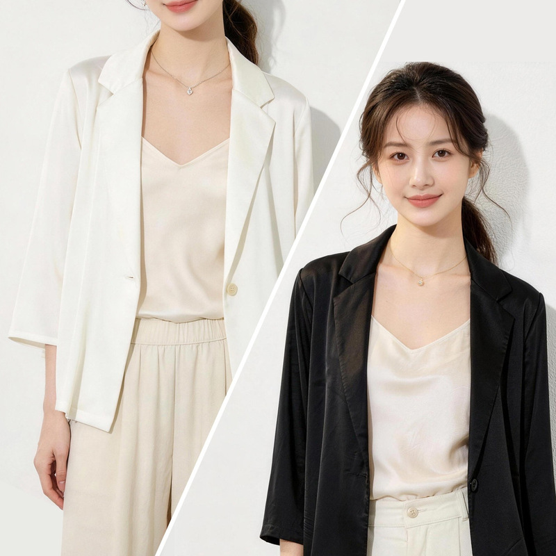 Commuter Style Silk Blazer for Women, Three-Quarter Sleeve, Suit Collar, Mulberry Silk, Summer Thin Sun Protection Jacket, White