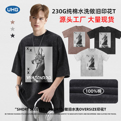 UHG夏季230g重磅純棉洗水做舊短袖上衣時尚印花大碼寬鬆男士t恤衫