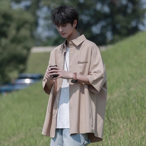 Men's Loose Fit Casual Short Sleeve Letter Print Streetwear Shirt - Summer New Trendy Hong Style